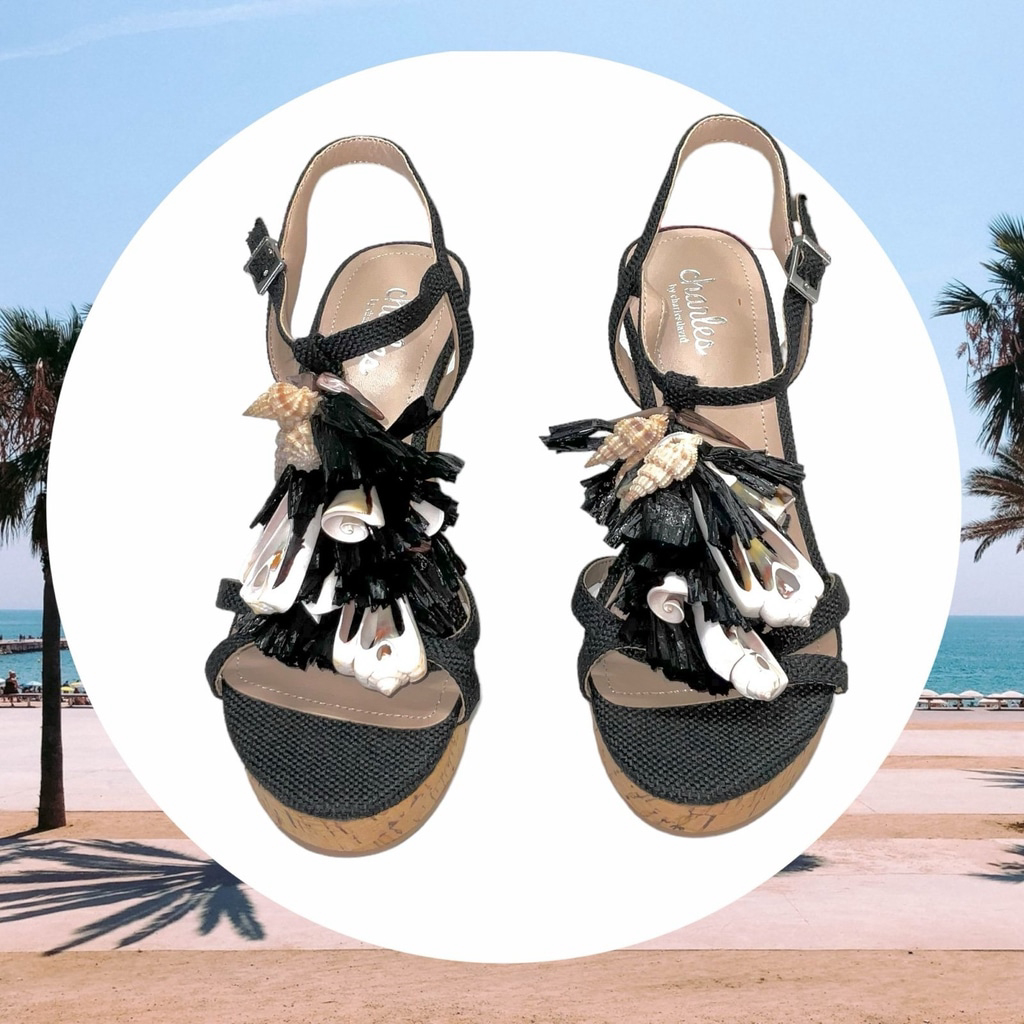 Charles David La Jolla Black Wedge Platform Tassels/Seashells Sandals Women 7.5